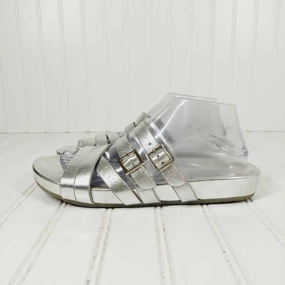 Aldo Shoes - Aldo Silver Strappy Buckle Slip On Flat Summer Comfy Sandals B43